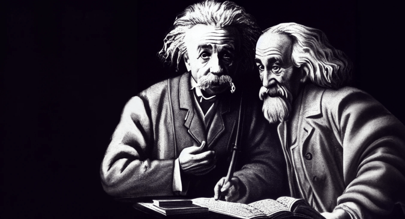 Albert Einstein talking with Galileo Galilei