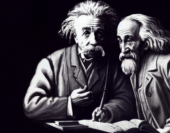 Albert Einstein talking with Galileo Galilei